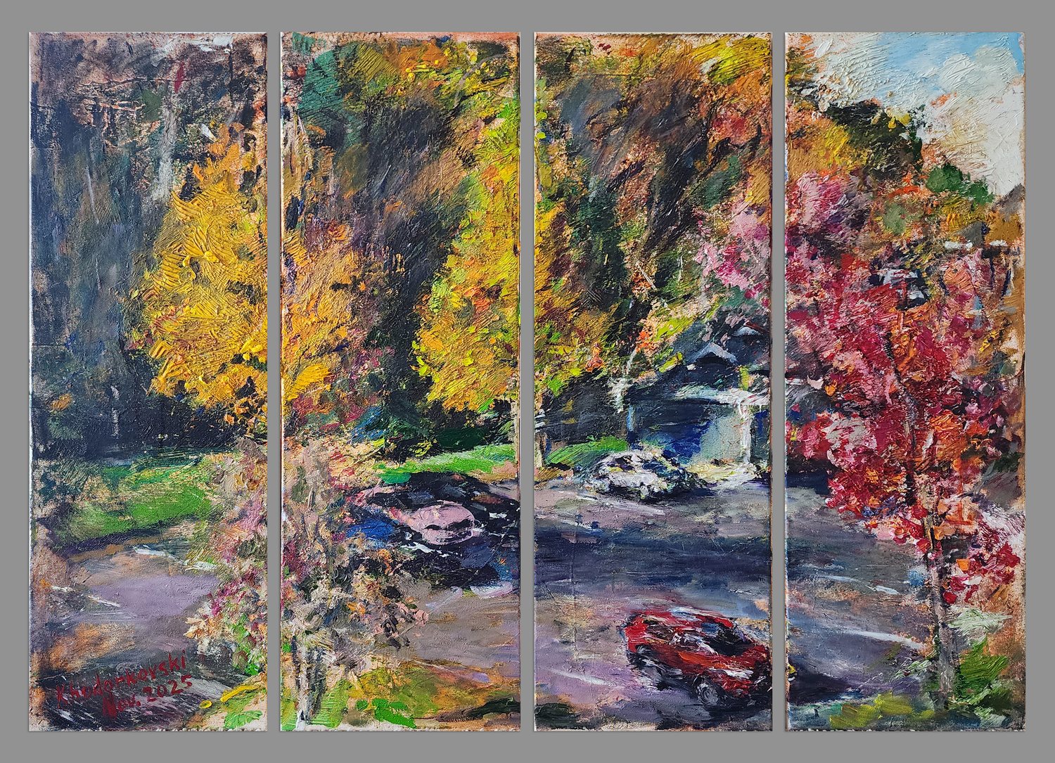 Pink Mustang in Fall by Anna Khodorkovski, United States, Four-piece painting, 10 x 30 in panels